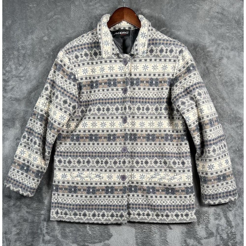 Sandro Sport Fleece Jacket Womens Medium Gray Aztec Western Print Button Coat